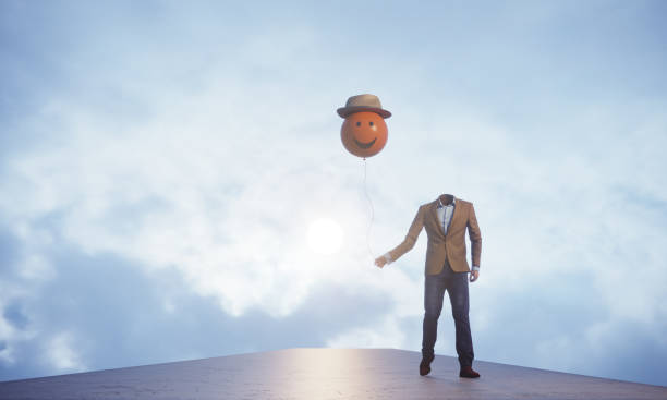istock Man Without Head Holds Smiley Sphere Balloon, Gratitude Concept 1342248272