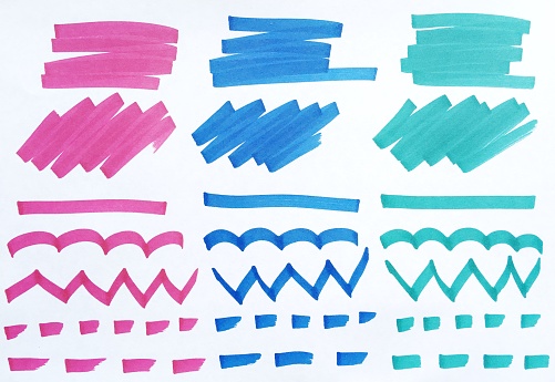 Highlight red, blue and mint stripes, banners drawn with markers. Stylish lighting elements for design. Highlight marker