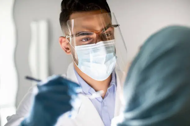 Closeup Shot Of Arab Male Dentist In Protective Medical Mask And Face Shield Examining Muslim Female Patient's Teeth, Stomatologist Doctor Making Check Up For Islamic Lady In Dental Clinic, Closeup