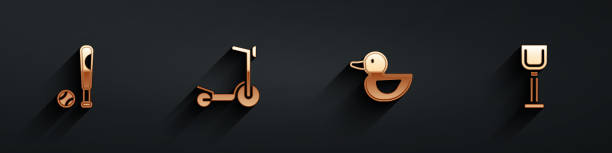 istock Set Baseball bat with ball, Roller scooter, Rubber duck and Shovel toy icon with long shadow. Vector 1342253753