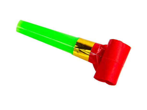 istock Rolled bright festive noisemaker or party whistle horn isolated on the white background 1342253830