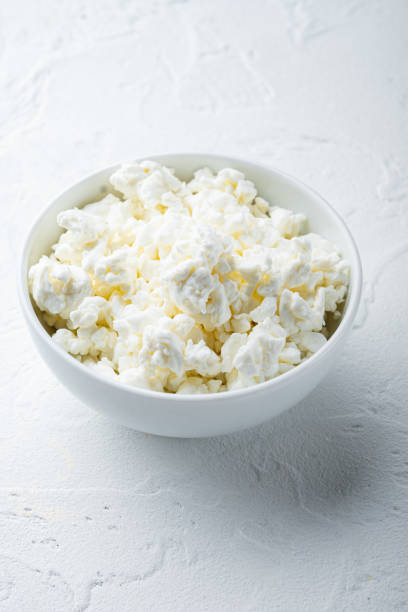 istock Cottage cheese or curd, on white textured background 1342256057