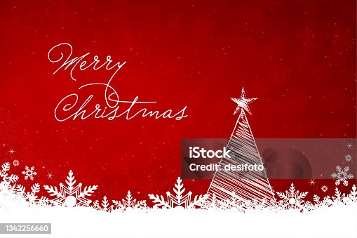istock White colored triangle shaped tree filled with scribbling and one star at the top of a vibrant dark maroon red horizontal Xmas festive vector backgrounds with text message Merry Christmas, snow and snowflakes at the bottom 1342256660