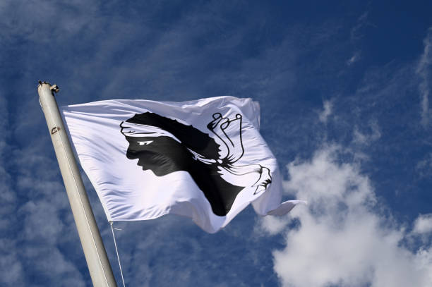 Corsican flag Corsican flag with Moorish head floating in the wind corsican flag stock pictures, royalty-free photos & images