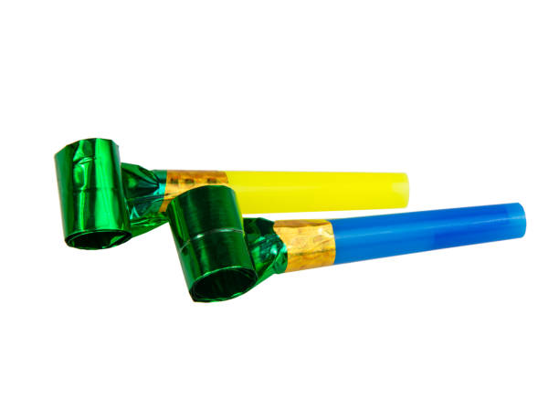 istock Carnival bright festive noisemaker or party whistle horn isolated on the white background 1342259236