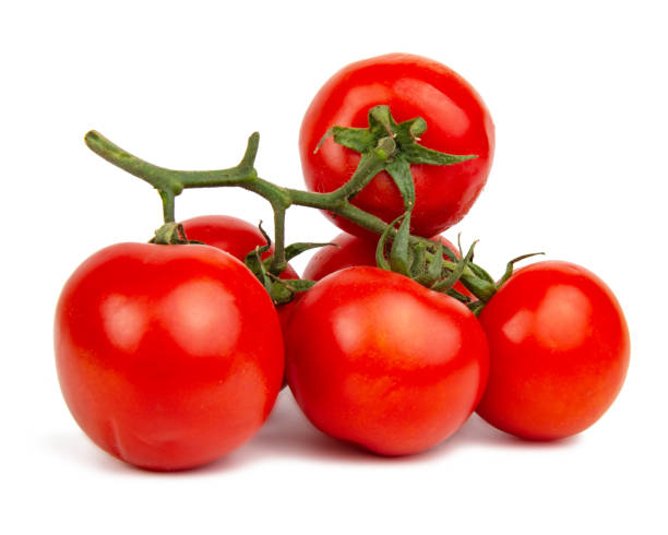 istock Red fresh tomatoes branch isolated on the white background 1342260590