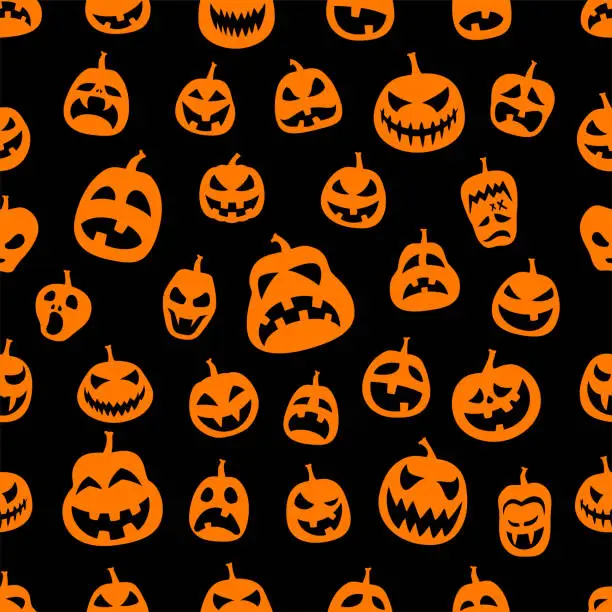 Vector illustration of Halloween Pumpkin Faces Seamless Pattern.