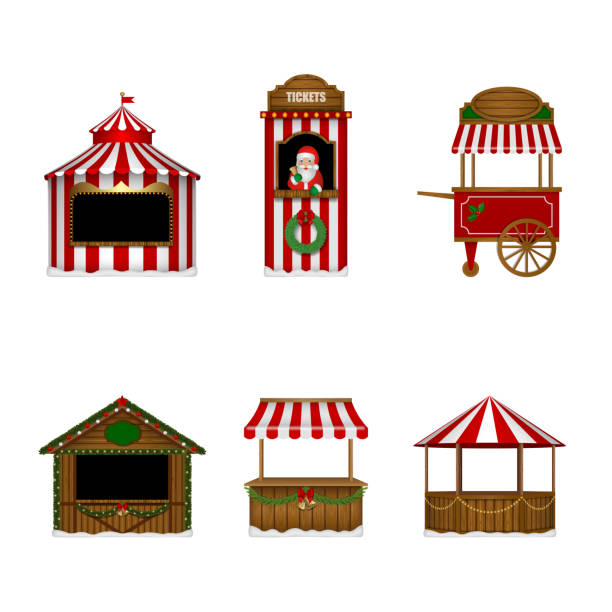 ilustraciones, imágenes clip art, dibujos animados e iconos de stock de conjunto de puestos navideños aislados. taquilla, mercado y puestos de feria - puesto de mercado