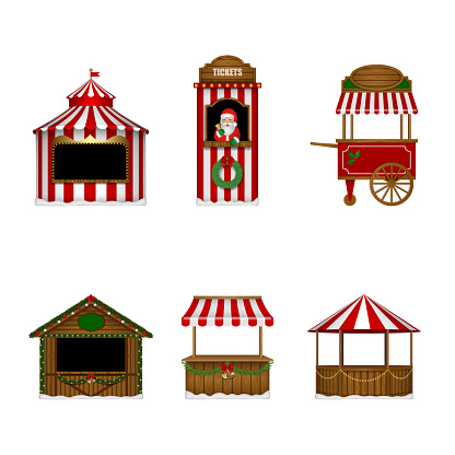 Set of isolated christmas stalls. tickets booth, market and funfair stands vector