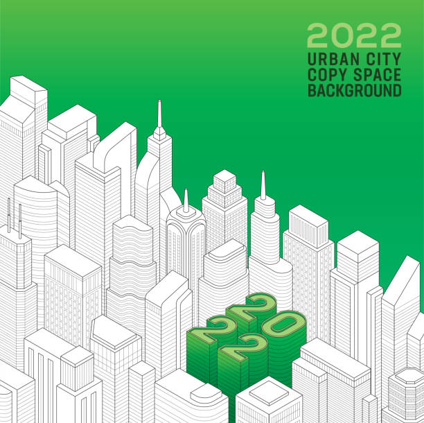 2022 Smart City Isometric Green Building Real Estate Construction Skyscrapers Urban City Isometric vector illustration of urban city, megalopolis with the New Year of 2022 buildings in green color. Smart city, green city, green building materials, green construction, environmentally friendly, energy-efficient homes concept. new years eve new york stock illustrations