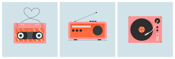 Vintage audio equipment set. Tape cassette, radio receiver, vinyl turntable in trendy 80s, 90s style. Listening to music, songs, melody concept. Isolated vector illustration collection. mixtape stock illustrations