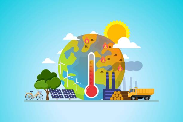 ilustrações, clipart, desenhos animados e ícones de aquecimento global aumenta temperatura da terra com termômetro - changing form climate global warming vector