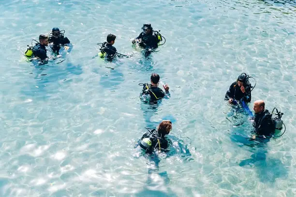 Eilat, Israel - 01,16,2021: a group of people in the water getting ready for diving, diving in the red sea in israel