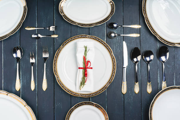 istock Top view of table setup on dark wooden background 1342268659