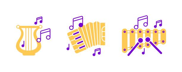 akkordeon, harfeninstrument, xylophon und noten icon set. - silhouette singer singing group of objects stock-grafiken, -clipart, -cartoons und -symbole