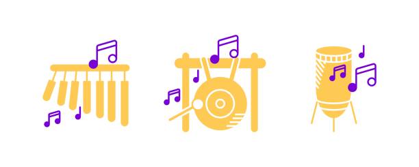 bar-glockenspiele, big gong, perkussion und musiknoten icon set. - silhouette singer singing group of objects stock-grafiken, -clipart, -cartoons und -symbole