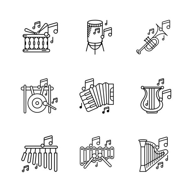 bar-glockenspiele, großer gong, perkussion, akkordeon, harfeninstrument, xylophon und musiknoten icon set. - silhouette singer singing group of objects stock-grafiken, -clipart, -cartoons und -symbole