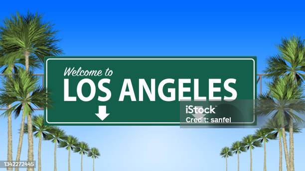 Welcome To Los Angeles Freeway Sign With Palm Trees Stock Photo - Download Image Now