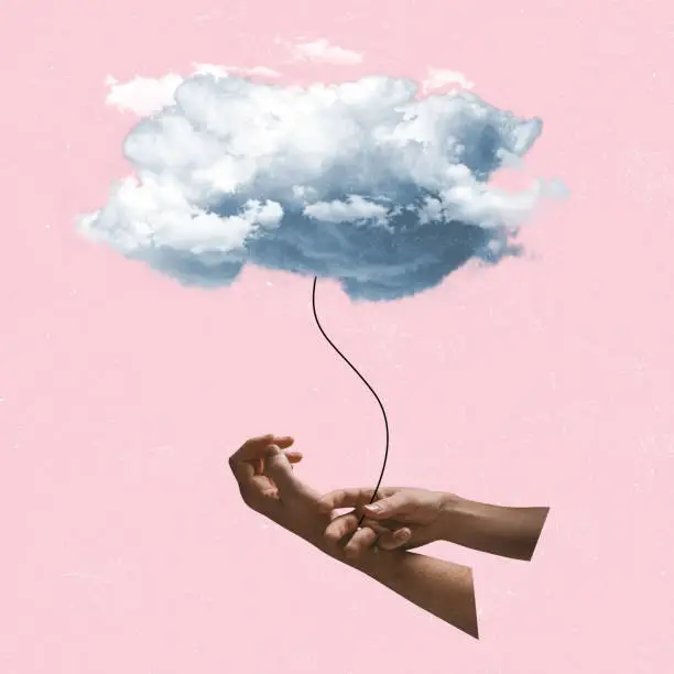 Photo of Contemporary art collage of human hands holding cloud in form of balloon isolated over pink background