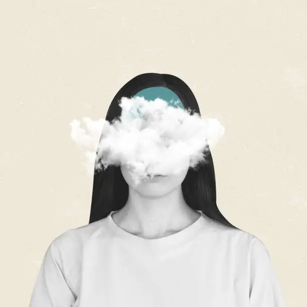 Photo of Contemporary art collage of female portrait, face covered with cloud isolated over pastel background