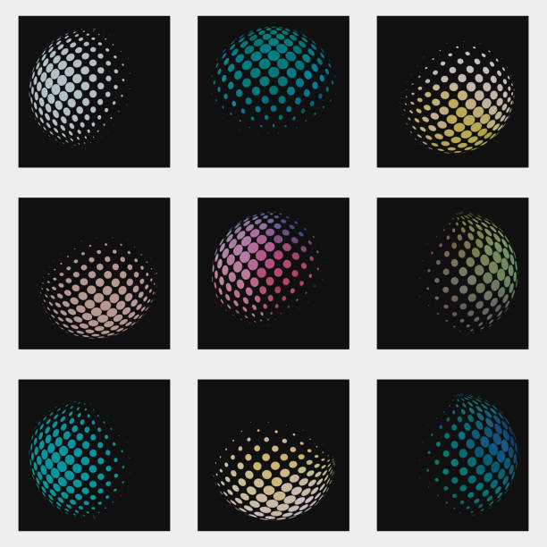 Global commercial minimalistic shapes halftone color spheres technology icon collection for design vector art illustration