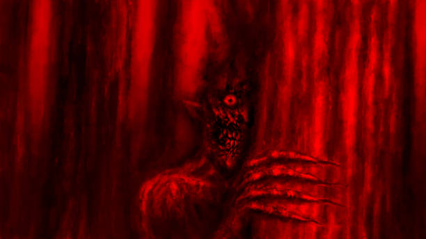 istock Scary Mr. Halloween looks out from behind tree in dark forest. Spooky 2d illustration. Gloomy evil demon. 1342274543