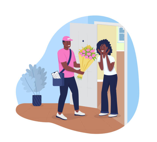 ilustrações de stock, clip art, desenhos animados e ícones de man delivering bouquet 2d vector isolated illustration - men african descent giving flower