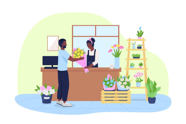 Customer at flower kiosk 2D vector isolated illustration Flower kiosk 2D vector isolated illustration. Customer with friendly seller in florist shop flat characters on cartoon background. Selling bouquets in small business colourful scene small business owner stock illustrations