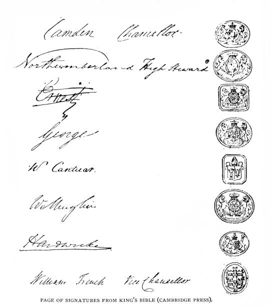 druck der bibel: seite mit unterschriften aus der bibel des königs (cambridge press) - built structure germany history 19th century style stock-grafiken, -clipart, -cartoons und -symbole