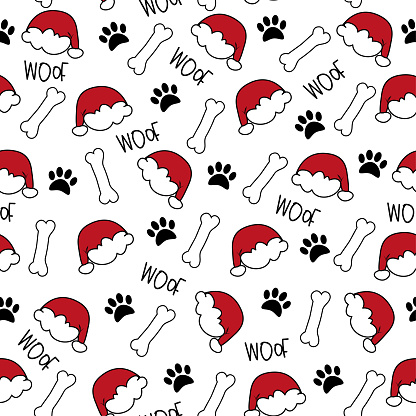 Dog paw seamless pattern for Christmas - paw print, and Santas hat, bone and woof text. Good for textile print, wrapping paper, and other gifts design.
