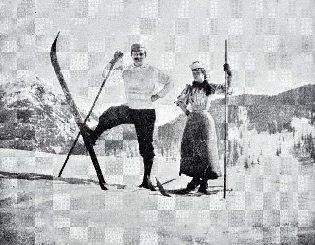 스키 훈련, 커플 초상화, 눈 위에 서 - 1894 stock illustrations
