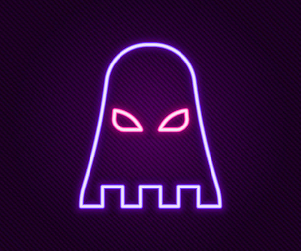 Glowing neon line Executioner mask icon isolated on black background. Hangman, torturer, executor, tormentor, butcher, headsman icon. Colorful outline concept. Vector Glowing neon line Executioner mask icon isolated on black background. Hangman, torturer, executor, tormentor, butcher, headsman icon. Colorful outline concept. Vector. medieval torture drawings stock illustrations