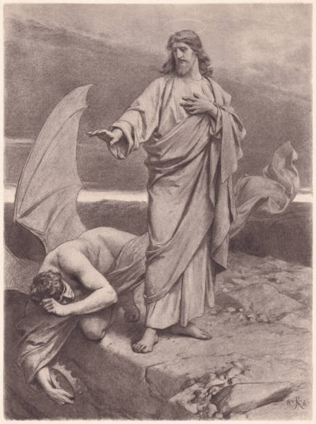 The Temptation of Christ, photogravure, published in 1886 The Temptation of Christ (Luke 4). Photogravure after a drawing by Paul Thumann (German painter, 1834 - 1908), published in 1886. just say no stock illustrations