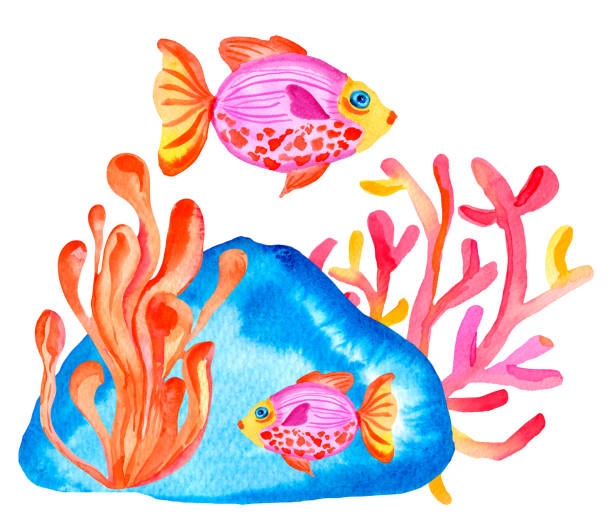 istock Watercolor abstract corals and pink fish composition isolated on white background. Hand painting colorful botanical under the water illustration. 1342278767