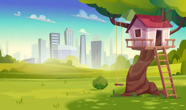 Vector illustration of Tree house for playing in kids games with swing, ladder against the background of city.Country woodland cabin for summer