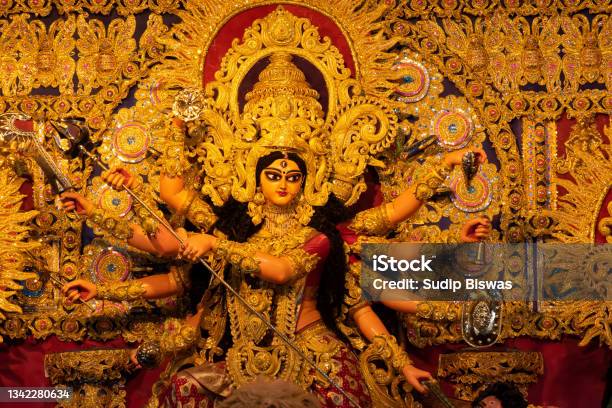 Goddess Durga Idol Decorated At Puja Pandal In Kolkata West Bengal India Durga Puja Is Biggest Religious Festival Of Hinduism And Is Now Celebrated Worldwide Stock Photo - Download Image Now