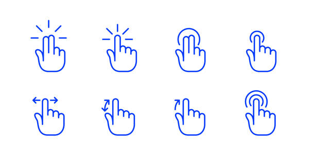 タッチスクリーンジェスチャー。タップ、ダブルタップ、スクロール、スワイプ、スプレッド。ピクセル完璧、編集可能なストローク - human thumb click human hand communication点のイラスト素材／クリップアート素材／マンガ素材／アイコン素材