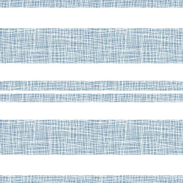 Vector illustration of Burlap textured stripe vector seamless pattern background. Horizontal wide narrow stripes with coarse linen weave. Delft blue and white elegant design. Country cottage farmhouse style duotone repeat