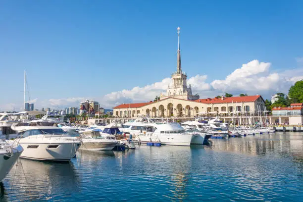 Yachts and boats anchored in the port of Sochi Russia