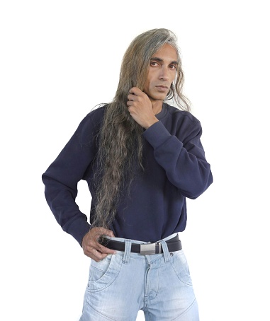 Middle Eastern Latino man in blue jeans isolated on white background