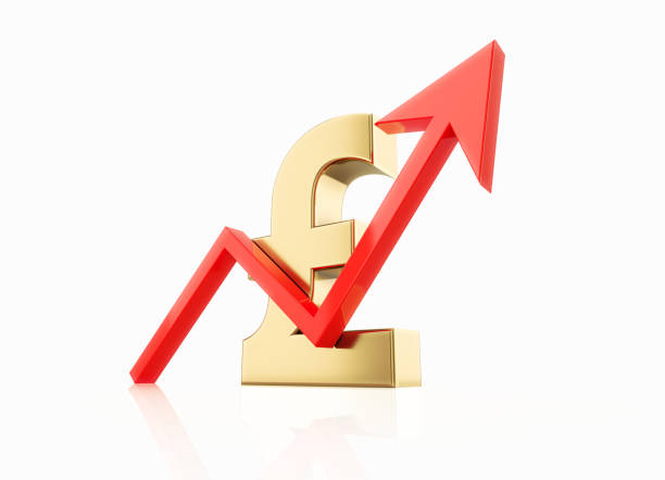 istock Red Arrow And Gold Colored British Pound Symbol Sitting Over White Background 1342291261