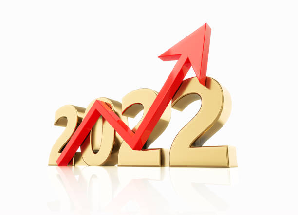 istock Red Arrow And Gold Colored 2022 Sitting Over White Background 1342291319
