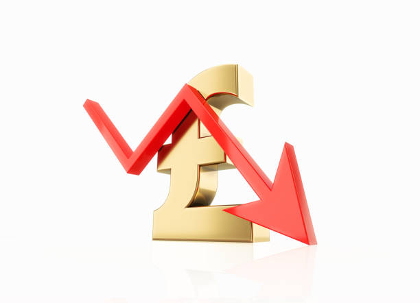 istock Red Arrow And Gold Colored British Pound Symbol Sitting Over White Background - Deterioration And Recession Concept 1342291390