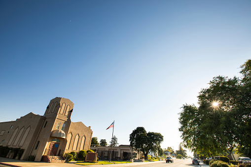 Sunset view of the historic downtown neighborhood of Manteca, California, USA.