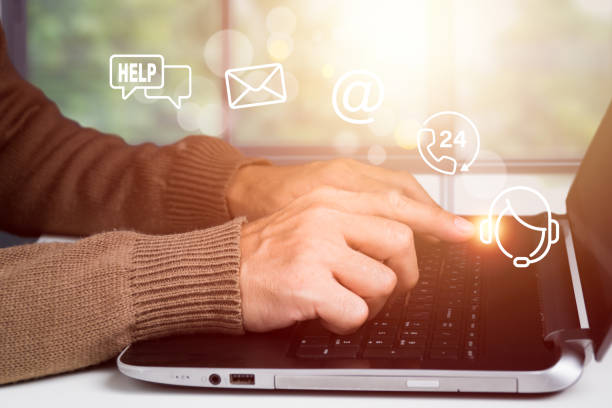 A man points to a symbol for an operator, which includes icons for after-sales services. Customer satisfaction communication channel