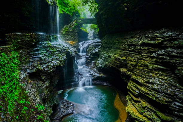 Watkins Glen State Park One of the many waterfalls in Watkins Glen State Park in upstate New York watkins glen stock pictures, royalty-free photos & images