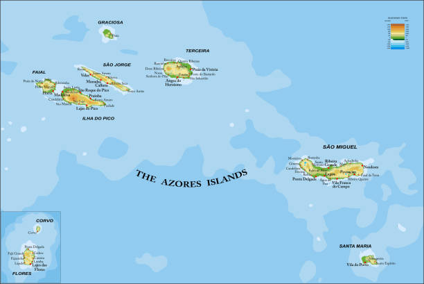 Azores islands hyghly detailed physical map Highly detailed physical map of the Azores islands ,in vector format,with all the relief forms,regions and big cities. terceira azores stock illustrations