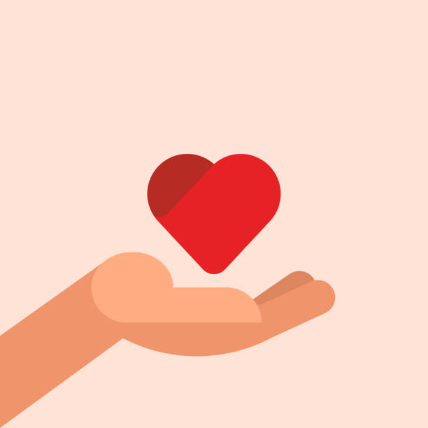 ilustrações de stock, clip art, desenhos animados e ícones de close up of hand with a red heart concept. modern simple flat illustration. - heart shape giving human hand gift