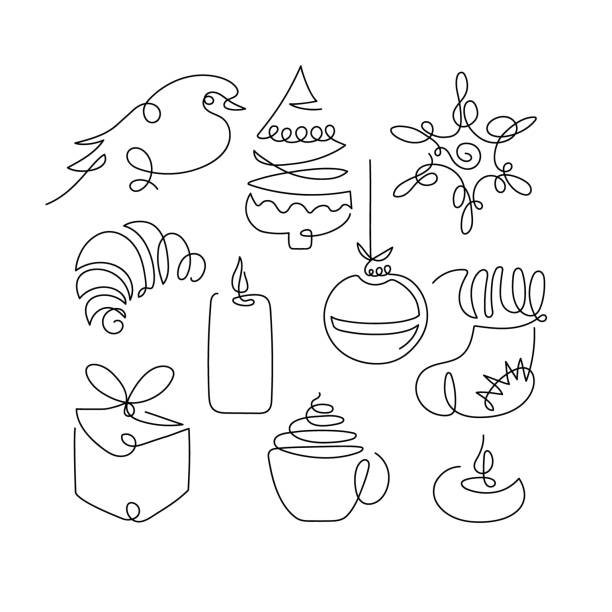 непрерывная однострочка, рисуя элементы рождественского дизайна. простой современный символ одной линией для зимних праздников, счастлив� - new contemporary interface icons symbol stock illustrations