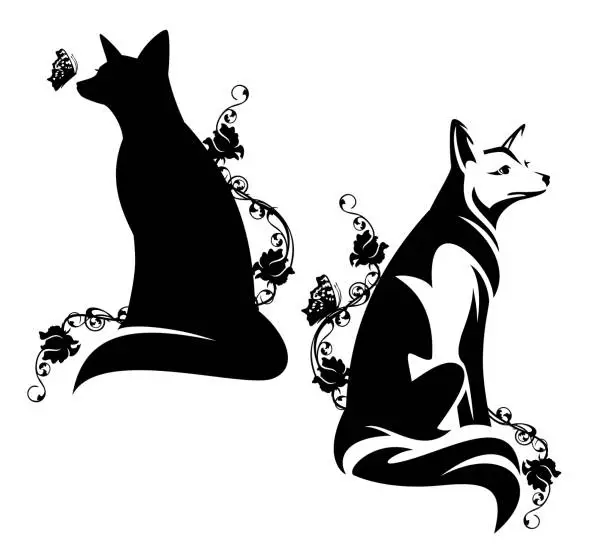 Vector illustration of sitting among rose flowers fox black and white vector outline and silhouette